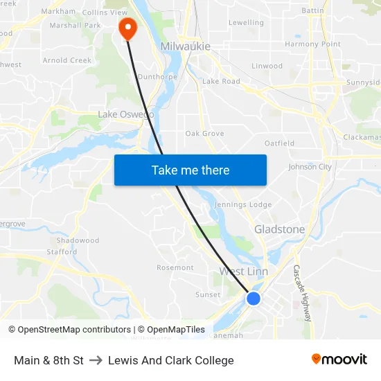 Main & 8th St to Lewis And Clark College map