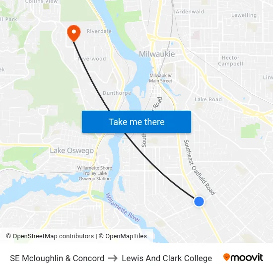 SE Mcloughlin & Concord to Lewis And Clark College map