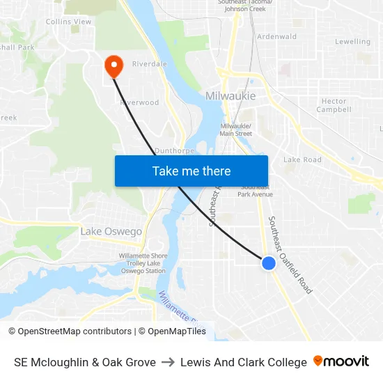 SE Mcloughlin & Oak Grove to Lewis And Clark College map