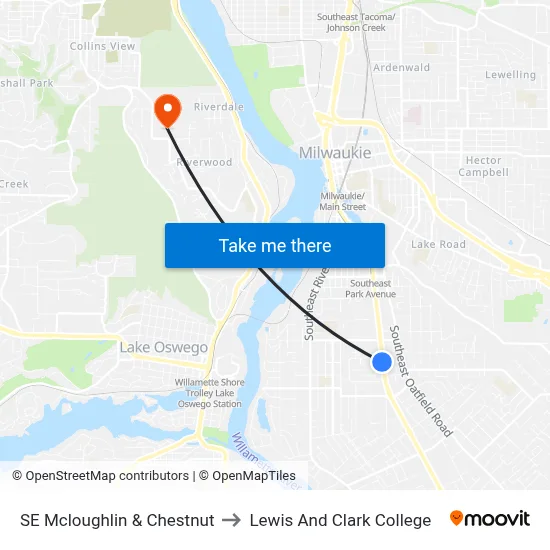 SE Mcloughlin & Chestnut to Lewis And Clark College map
