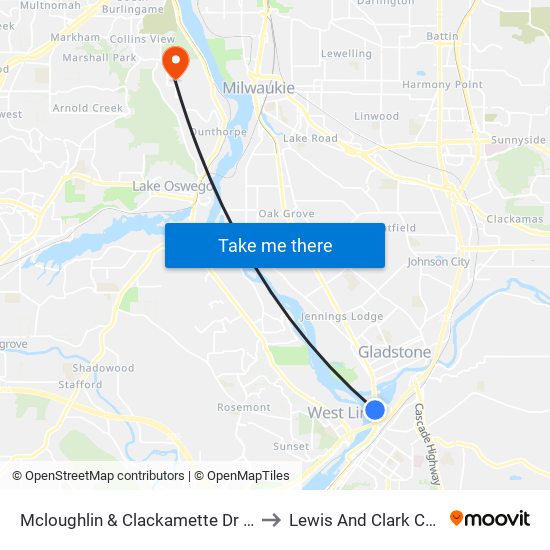 Mcloughlin & Clackamette Dr (South) to Lewis And Clark College map