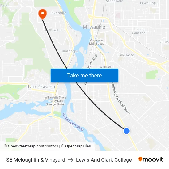 SE Mcloughlin & Vineyard to Lewis And Clark College map