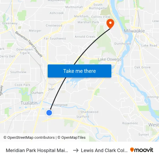 Meridian Park Hospital Main Stop to Lewis And Clark College map