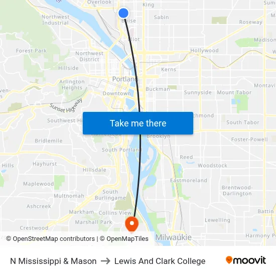 N Mississippi & Mason to Lewis And Clark College map