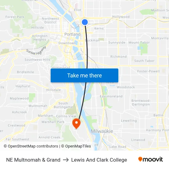 NE Multnomah & Grand to Lewis And Clark College map