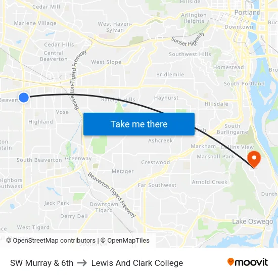 SW Murray & 6th to Lewis And Clark College map