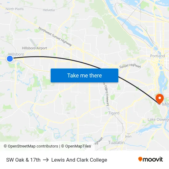 SW Oak & 17th to Lewis And Clark College map