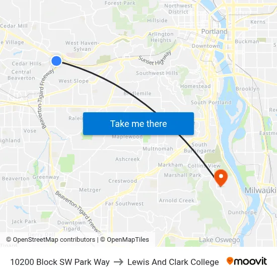 10200 Block SW Park Way to Lewis And Clark College map