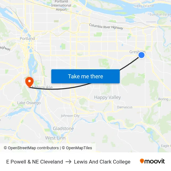 E Powell & NE Cleveland to Lewis And Clark College map
