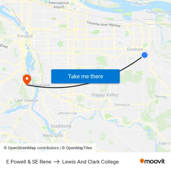 E Powell & SE Rene to Lewis And Clark College map