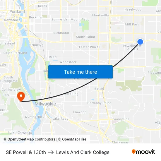 SE Powell & 130th to Lewis And Clark College map