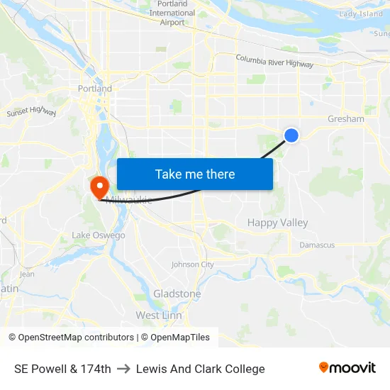 SE Powell & 174th to Lewis And Clark College map