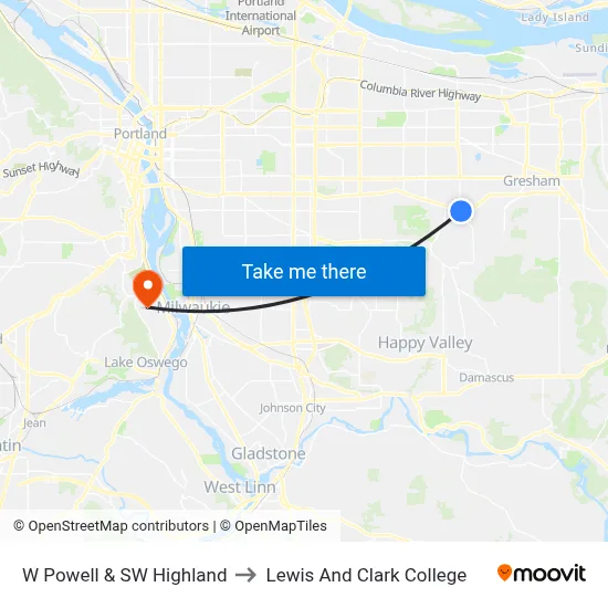 W Powell & SW Highland to Lewis And Clark College map