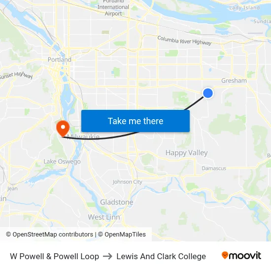 W Powell & Powell Loop to Lewis And Clark College map