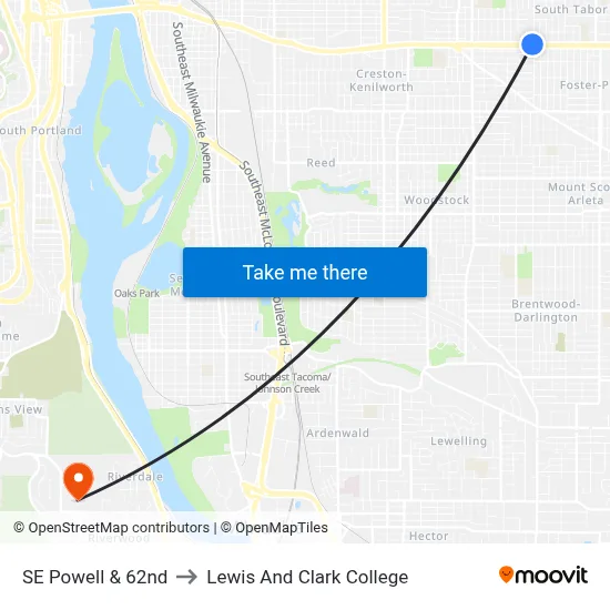 SE Powell & 62nd to Lewis And Clark College map