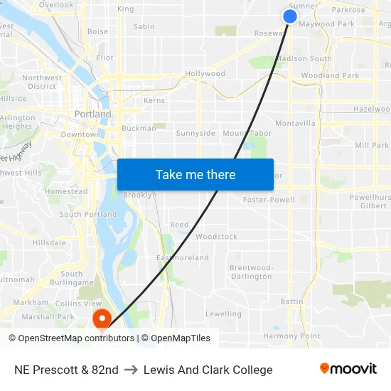 NE Prescott & 82nd to Lewis And Clark College map