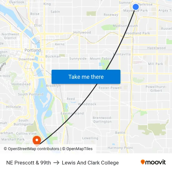 NE Prescott & 99th to Lewis And Clark College map