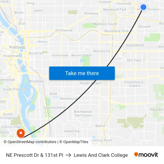 NE Prescott Dr & 131st Pl to Lewis And Clark College map