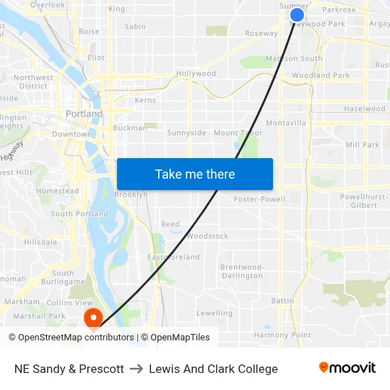 NE Sandy & Prescott to Lewis And Clark College map