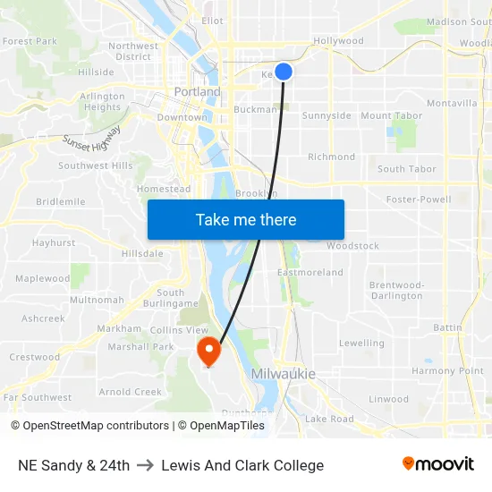 NE Sandy & 24th to Lewis And Clark College map
