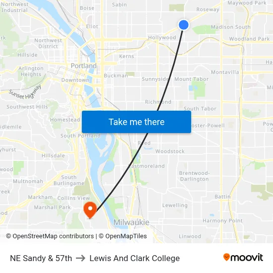 NE Sandy & 57th to Lewis And Clark College map