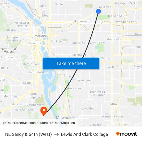 NE Sandy & 64th (West) to Lewis And Clark College map