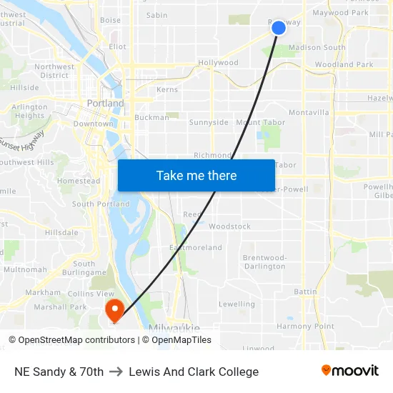 NE Sandy & 70th to Lewis And Clark College map