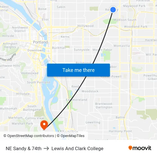 NE Sandy & 74th to Lewis And Clark College map