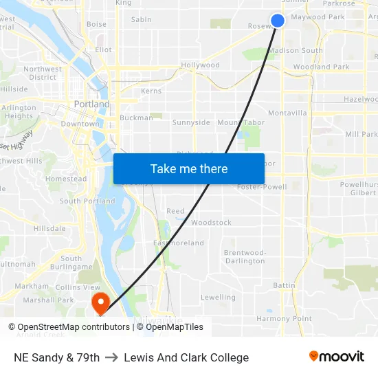 NE Sandy & 79th to Lewis And Clark College map