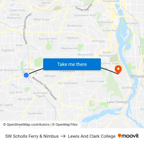 SW Scholls Ferry & Nimbus to Lewis And Clark College map