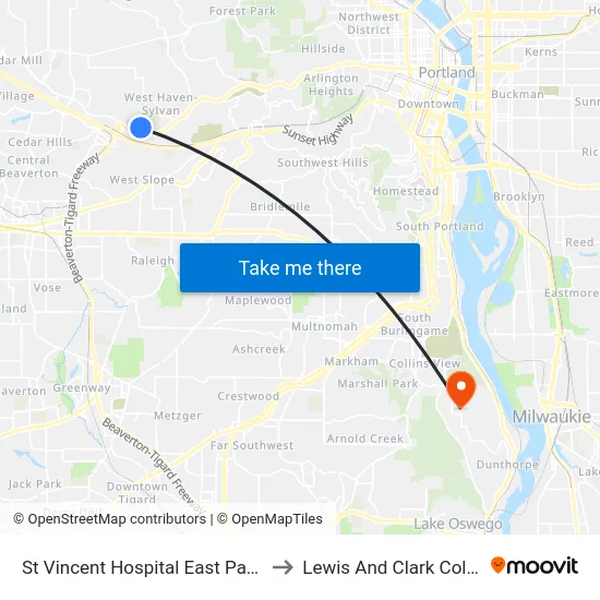 St Vincent Hospital East Pavilion to Lewis And Clark College map