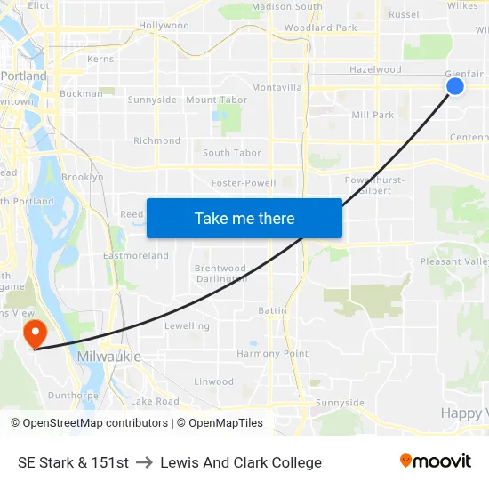 SE Stark & 151st to Lewis And Clark College map