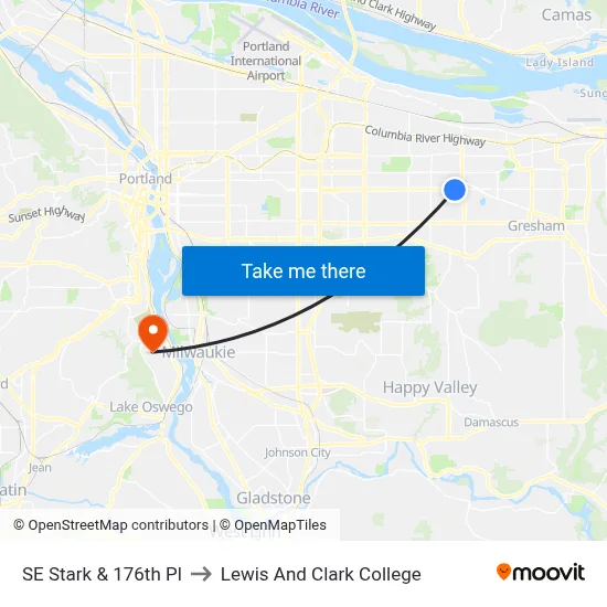 SE Stark & 176th Pl to Lewis And Clark College map