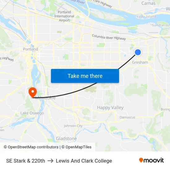 SE Stark & 220th to Lewis And Clark College map