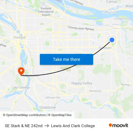 SE Stark & NE 242nd to Lewis And Clark College map