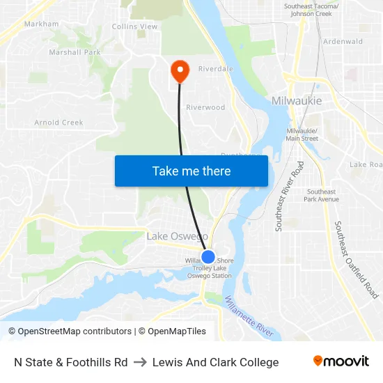 N State & Foothills Rd to Lewis And Clark College map