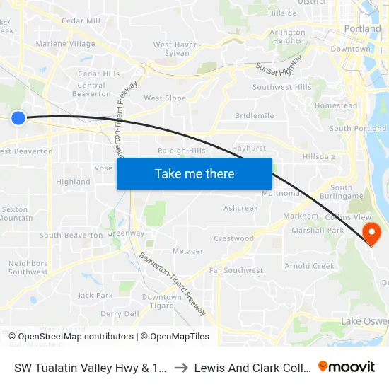 SW Tualatin Valley Hwy & 160th to Lewis And Clark College map