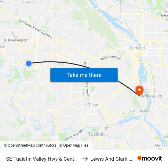 SE Tualatin Valley Hwy & Century (West) to Lewis And Clark College map