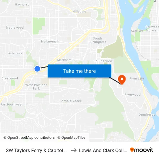 SW Taylors Ferry & Capitol Hwy to Lewis And Clark College map