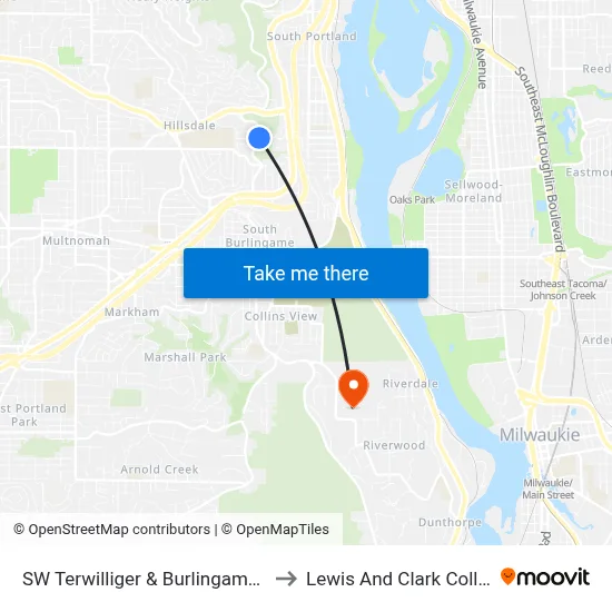 SW Terwilliger & Burlingame Ter to Lewis And Clark College map