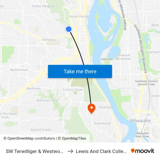 SW Terwilliger & Westwood to Lewis And Clark College map