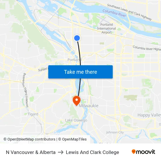 N Vancouver & Alberta to Lewis And Clark College map