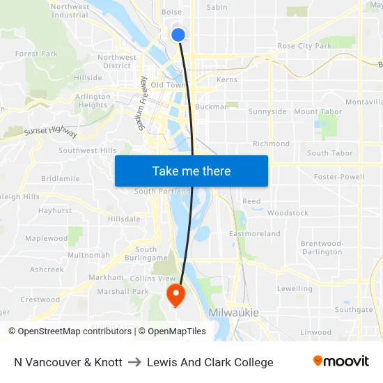 N Vancouver & Knott to Lewis And Clark College map