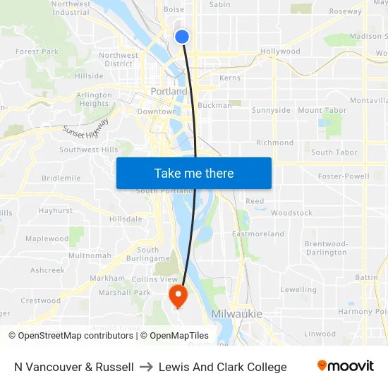 N Vancouver & Russell to Lewis And Clark College map