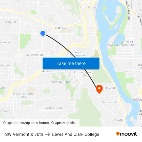 SW Vermont & 30th to Lewis And Clark College map