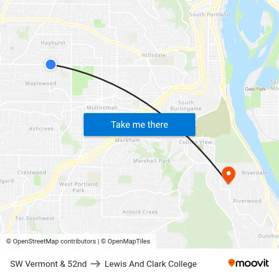 SW Vermont & 52nd to Lewis And Clark College map