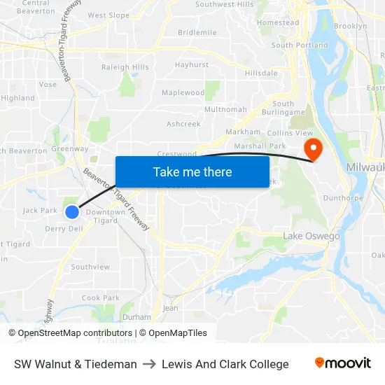 SW Walnut & Tiedeman to Lewis And Clark College map
