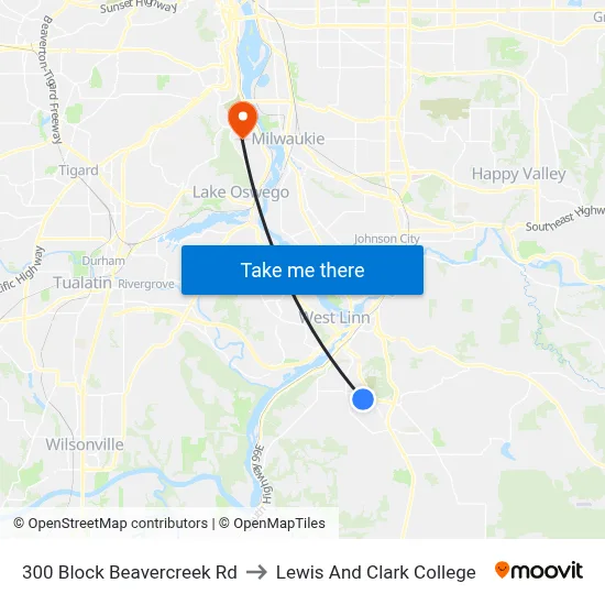 300 Block Beavercreek Rd to Lewis And Clark College map