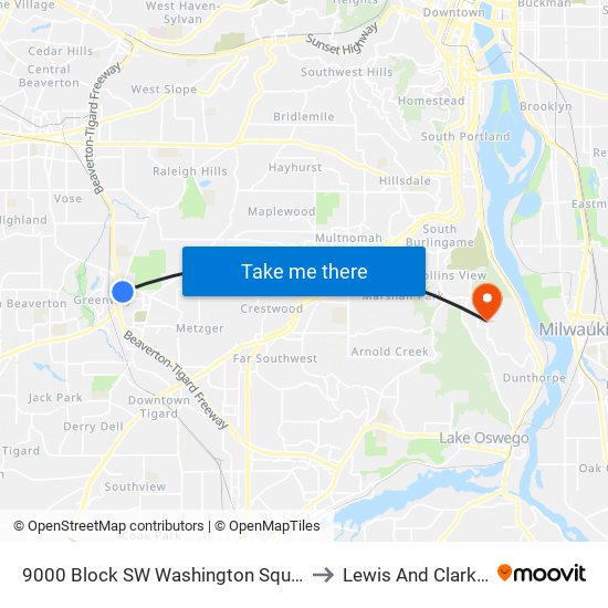 9000 Block SW Washington Square Rd (North) to Lewis And Clark College map