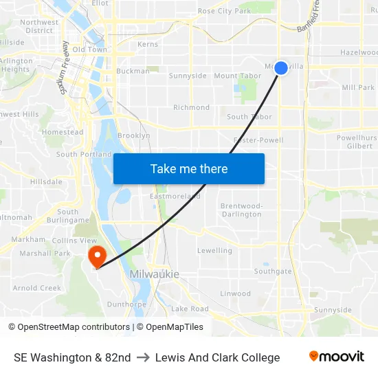 SE Washington & 82nd to Lewis And Clark College map